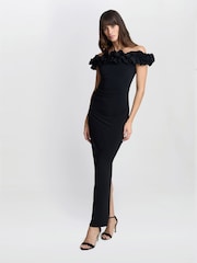 Gina Bacconi Sabrina Jersey Ruffle Neck Black Maxi Dress - Imagen 1 de 7