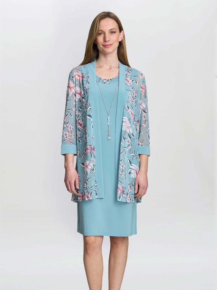 Gina Bacconi Blue Callie Printed Dress and Jacket With Detachable Necklace - Imagen 1 de 7 Gina Bacconi Blue Callie Printed Dress and Jacket With Detachable Necklace - Imagen 1 de 7