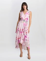 Gina Bacconi Pink Evelynn Floral Print Wrap Effect Hi-low Dress - Image 1 of 7