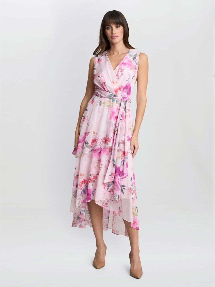 Gina Bacconi Pink Evelynn Floral Print Wrap Effect Hi-low Dress - Image 1 of 7