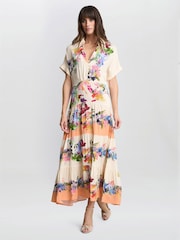 Gina Bacconi Orange Sarah Floral Print Shirt Dress - Image 1 of 5