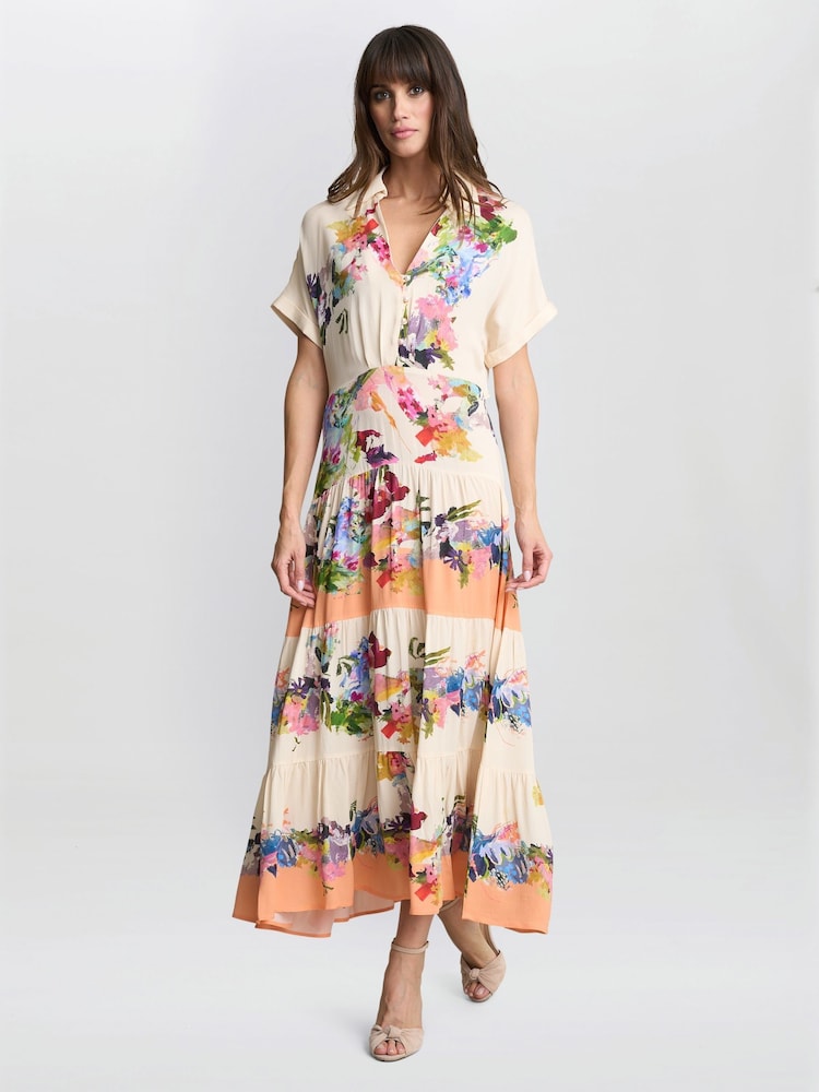 Gina Bacconi Orange Sarah Floral Print Shirt Dress - Image 1 of 5