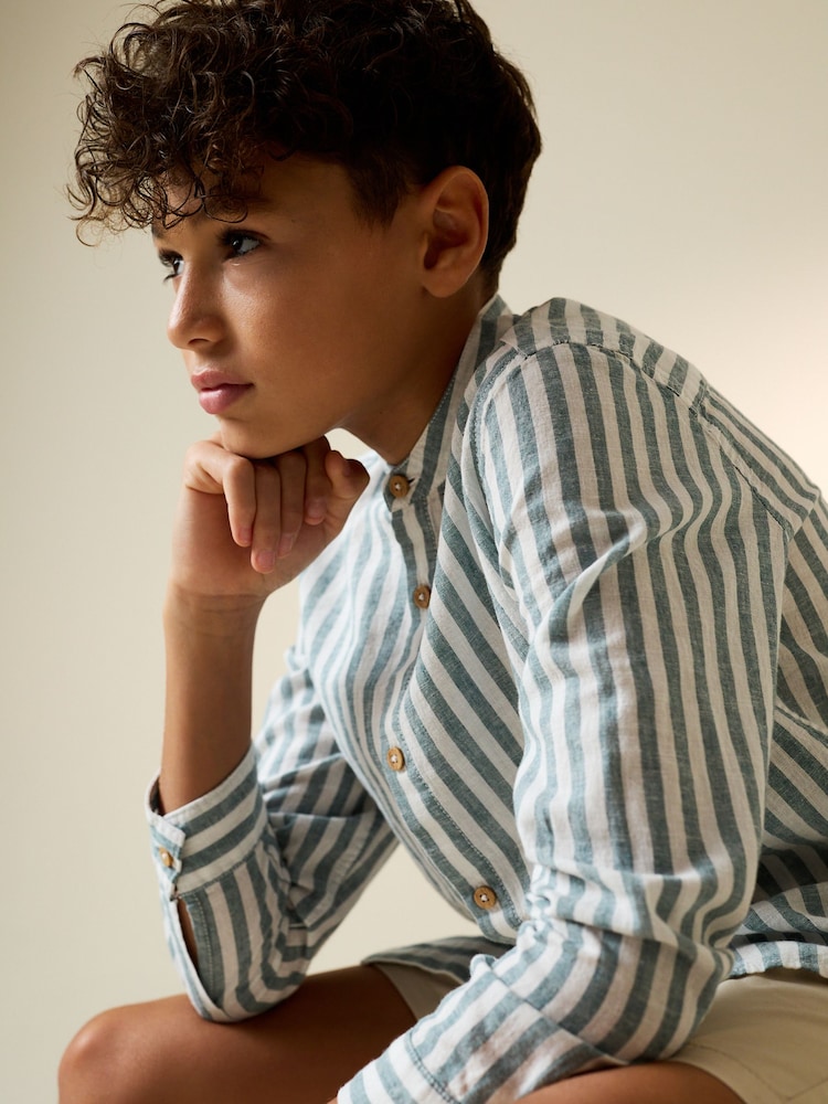 Grün/Ecru Streifen - Langärmliges Hemd mit Grandad-Kragen aus einer Leinenmischung (3 – 16 Jahre) - Bild 1 von 7
