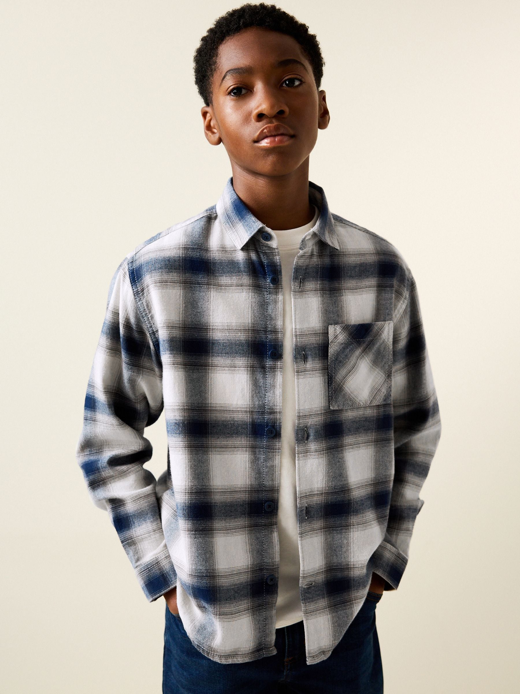 Buy Blue/Ecru Long Sleeve Cotton Check Shirt (3-16yrs) from the
