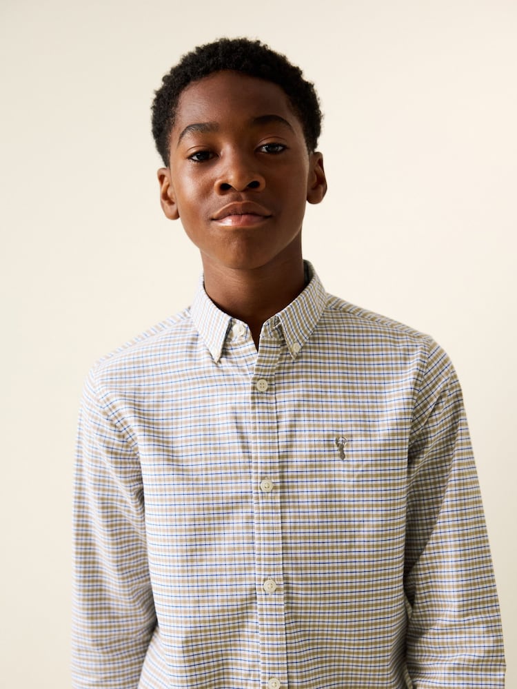 Neutral Gingham Single Oxford Shirt (3-16yrs) - Image 1 of 8 Neutral Gingham Single Oxford Shirt (3-16yrs) - Image 1 of 8