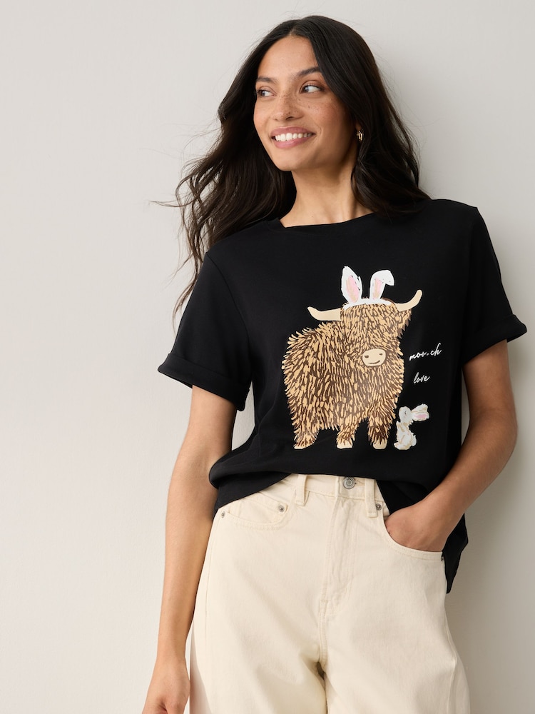 Black Novelty Easter Bunny Hamish Graphic Short Sleeve Crew Neck 100% Cotton T-Shirt - Image 1 of 7