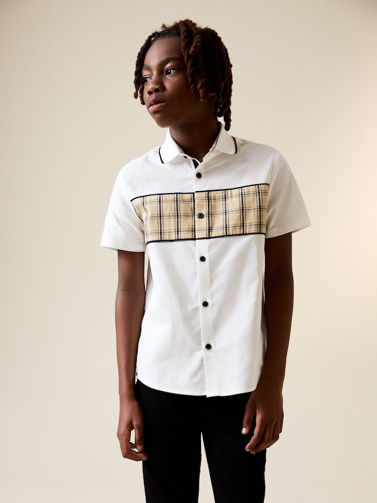 White Check Splice Short Sleeve Smart Shirt (3-16yrs) - Image 1 of 3 White Check Splice Short Sleeve Smart Shirt (3-16yrs) - Image 1 of 3