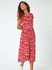 Roman Red Ditsy Gathered Skirt Stretch Midi Dress - Image 1 of 6
