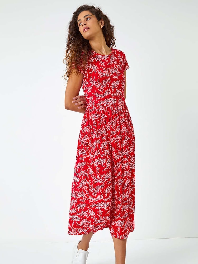 Roman Red Ditsy Gathered Skirt Stretch Midi Dress - Image 1 of 6