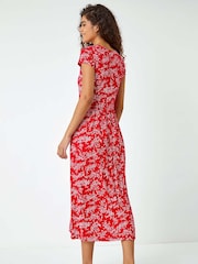 Roman Red Ditsy Gathered Skirt Stretch Midi Dress - Image 2 of 6
