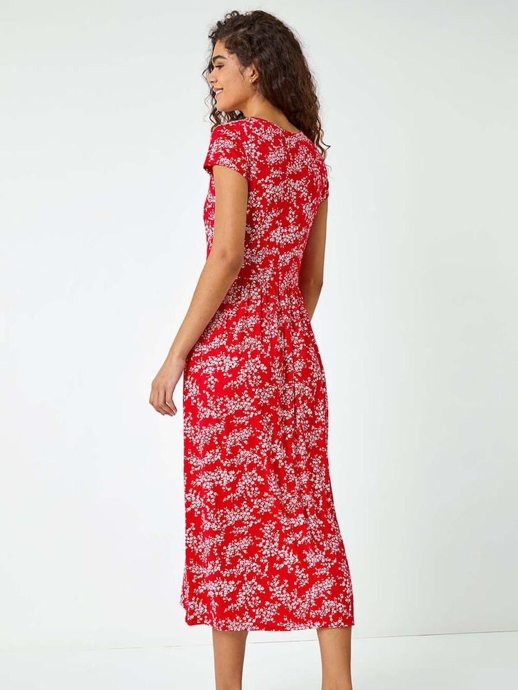 Roman Red Ditsy Gathered Skirt Stretch Midi Dress - Image 2 of 6