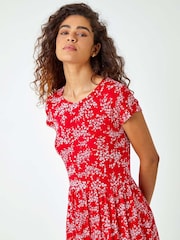 Roman Red Ditsy Gathered Skirt Stretch Midi Dress - Image 4 of 6
