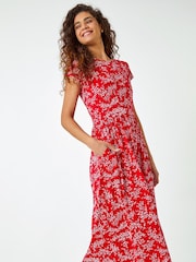 Roman Red Ditsy Gathered Skirt Stretch Midi Dress - Image 5 of 6