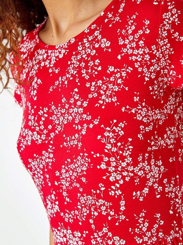 Roman Red Ditsy Gathered Skirt Stretch Midi Dress - Image 6 of 6