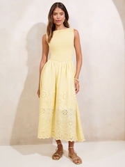 Lipsy Yellow Hybrid Jersey Borderie Mix Midi Dress - Image 1 of 4