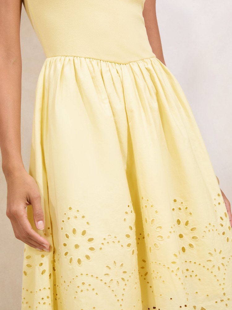 Lipsy Yellow Hybrid Jersey Broderie Mix Midi Dress - Image 2 of 4 Lipsy Yellow Hybrid Jersey Broderie Mix Midi Dress - Image 2 of 4
