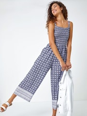 Roman Blue Border Print Culotte Jumpsuit - Image 1 of 5