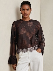 Reiss Chocolate Brown Emilia Lace Flared Cuff Blouse - Image 1 of 6