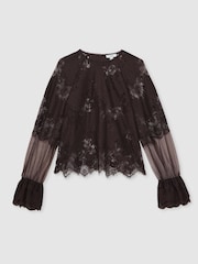 Reiss Chocolate Brown Emilia Lace Flared Cuff Blouse - Image 2 of 6
