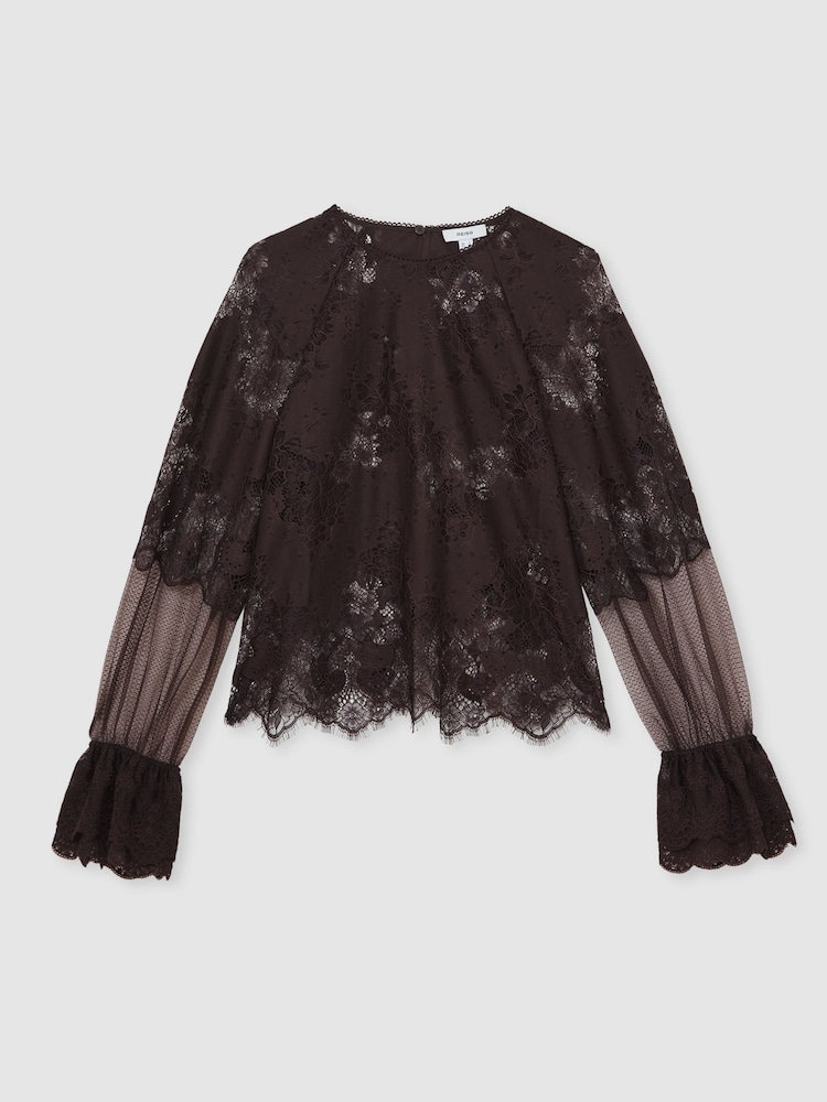 Reiss Chocolate Brown Emilia Lace Flared Cuff Blouse - Image 2 of 6