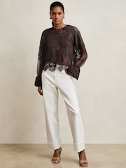 Reiss Chocolate Brown Emilia Lace Flared Cuff Blouse - Image 3 of 6
