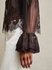Reiss Chocolate Brown Emilia Lace Flared Cuff Blouse - Image 4 of 6