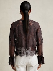 Reiss Chocolate Brown Emilia Lace Flared Cuff Blouse - Image 5 of 6