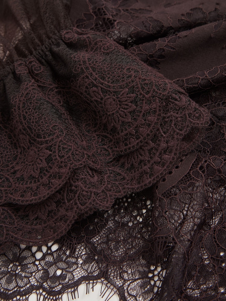 Reiss Chocolate Brown Emilia Lace Flared Cuff Blouse - Image 6 of 6