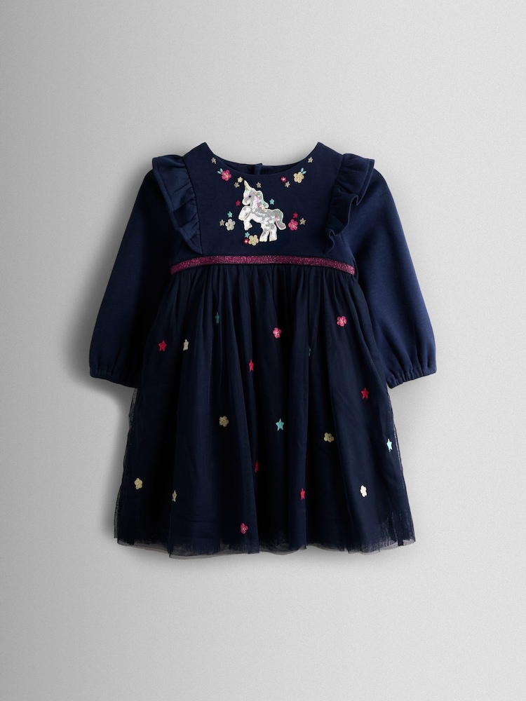 JoJo Maman Bébé Navy Blue Unicorn Appliqué Tulle Party Dress - Image 1 of 4