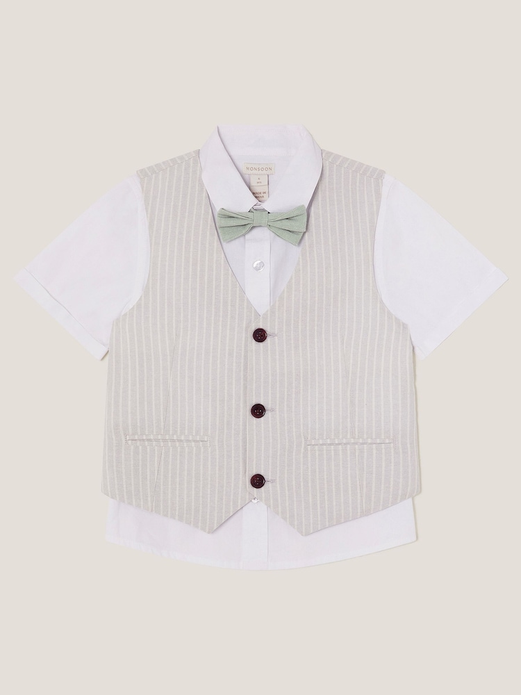 Monsoon Grey 100% Cotton Shirt and Waistcoat Set 3 Piece with Bow - Image 1 of 3 Monsoon Grey 100% Cotton Shirt and Waistcoat Set 3 Piece with Bow - Image 1 of 3