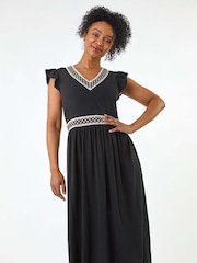 Roman Black Petite Crochet Trim Midi Dress - Image 1 of 5