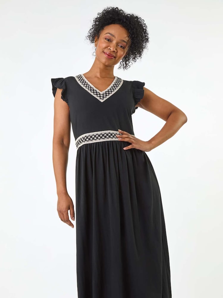 Roman Black Petite Crochet Trim Midi Dress - Image 1 of 5