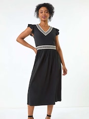 Roman Black Petite Crochet Trim Midi Dress - Image 2 of 5