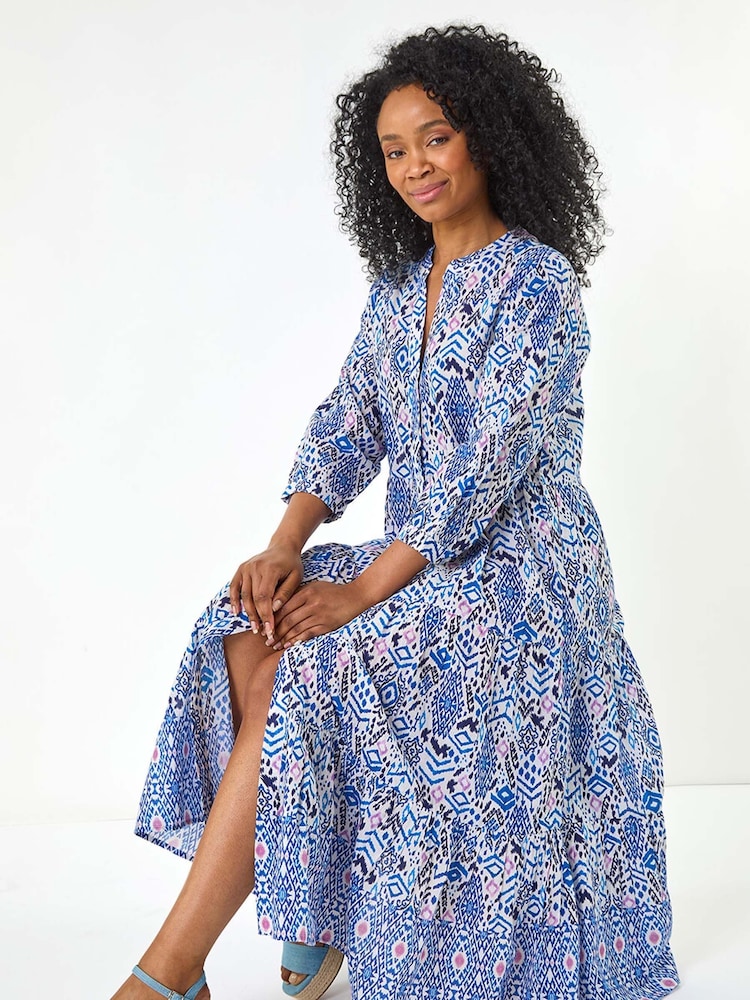 Roman Blue Petite Tiered 100% Cotton Midi Dress - Image 1 of 5