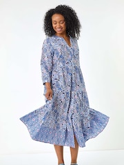 Roman Blue Petite Tiered 100% Cotton Midi Dress - Image 2 of 5