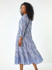 Roman Blue Petite Tiered 100% Cotton Midi Dress - Image 3 of 5