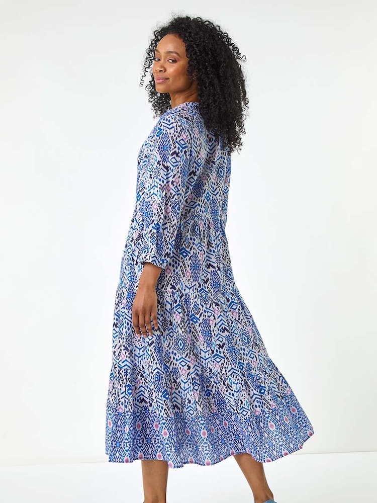 Roman Blue Petite Tiered 100% Cotton Midi Dress - Image 3 of 5