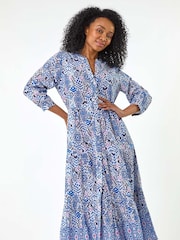 Roman Blue Petite Tiered 100% Cotton Midi Dress - Image 4 of 5