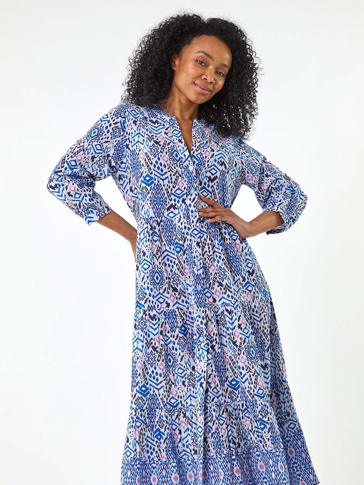 Roman Blue Petite Tiered 100% Cotton Midi Dress - Image 4 of 5