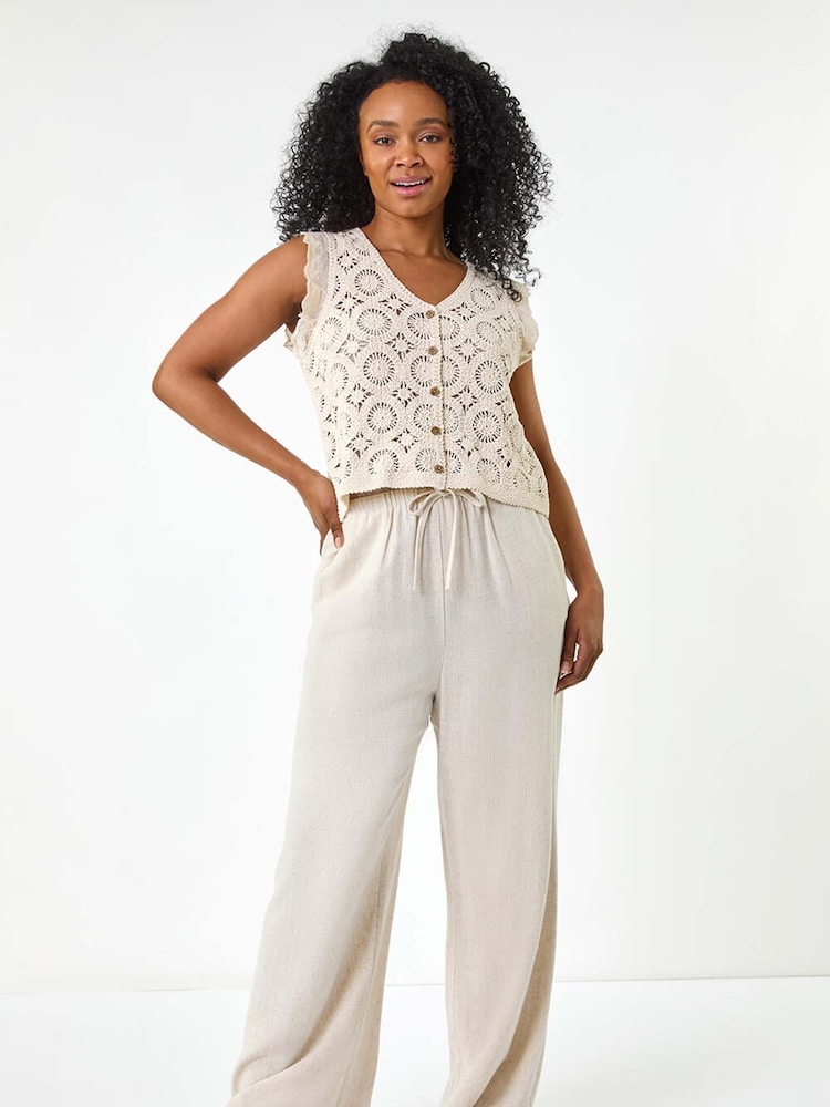 Roman Natural Petite 100% Cotton Crochet Frill Sleeve Cardigan - Image 2 of 5