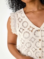 Roman Natural Petite 100% Cotton Crochet Frill Sleeve Cardigan - Image 5 of 5