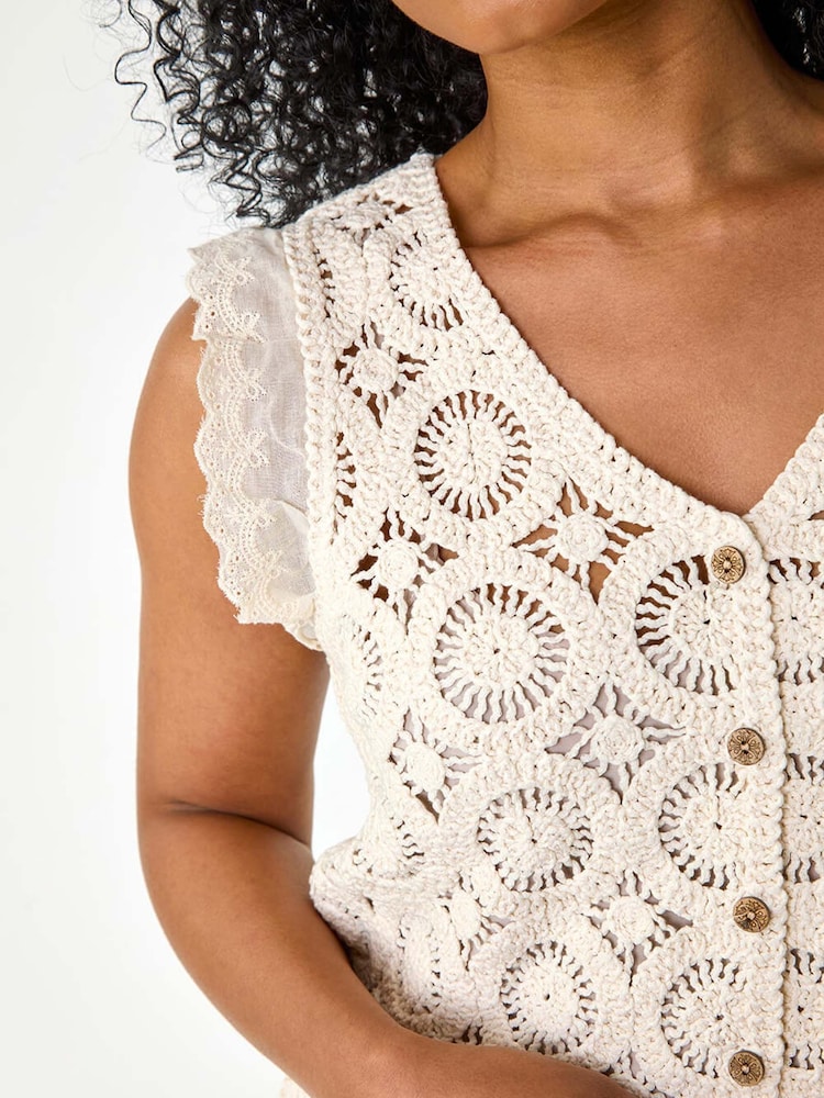 Roman Natural Petite 100% Cotton Crochet Frill Sleeve Cardigan - Image 5 of 5