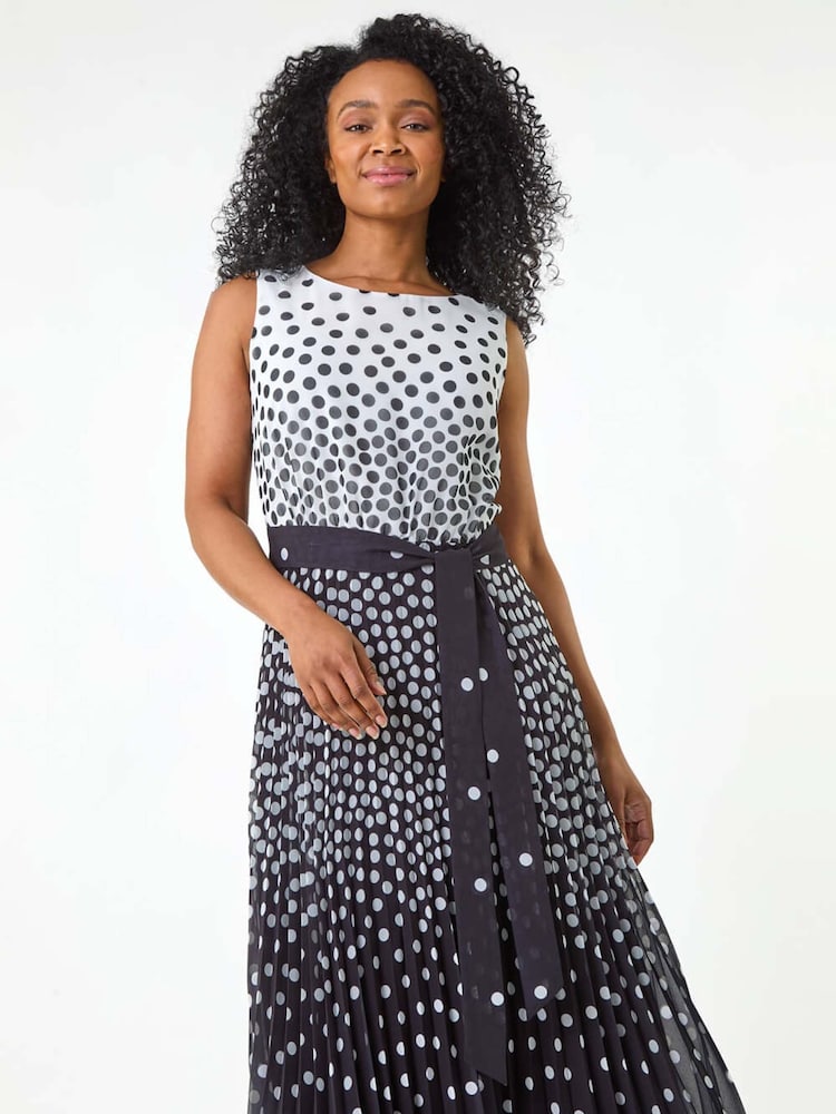 Roman Black Petite Spot Print Pleated Midi Dress - Image 1 of 5