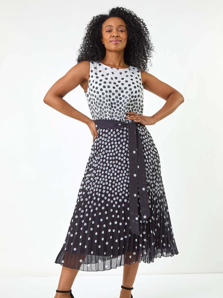 Roman Black Petite Spot Print Pleated Midi Dress - Image 2 of 5