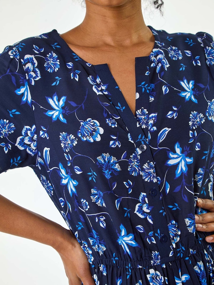 Roman Blue Floral Print Midi Dress - Image 5 of 5