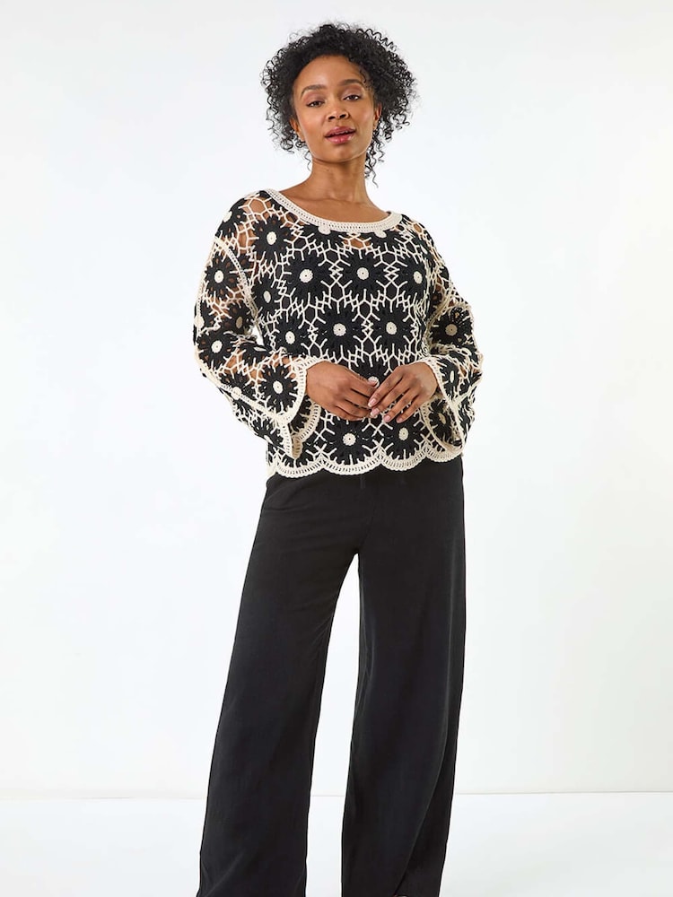 Roman Black Petite Petite Crochet Floral Knit Top - Image 2 of 5