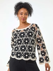 Roman Black Petite Petite Crochet Floral Knit Top - Image 4 of 5