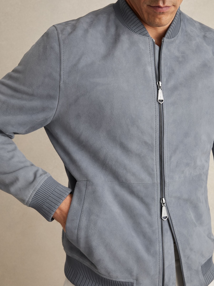Reiss Denim Blue Burnham Bomber Jacket - Image 1 of 5 Reiss Denim Blue Burnham Bomber Jacket - Image 1 of 5