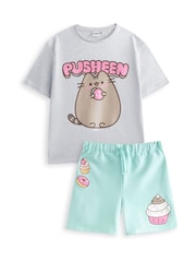 Vanilla Underground Grey Girls 100% Cotton Pusheen T-Shirt and Shorts Set - Image 1 of 6
