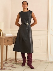 Love & Roses Black Petite Faux Leather Boat Neck Trim Belted Midi Dress - Image 1 of 4